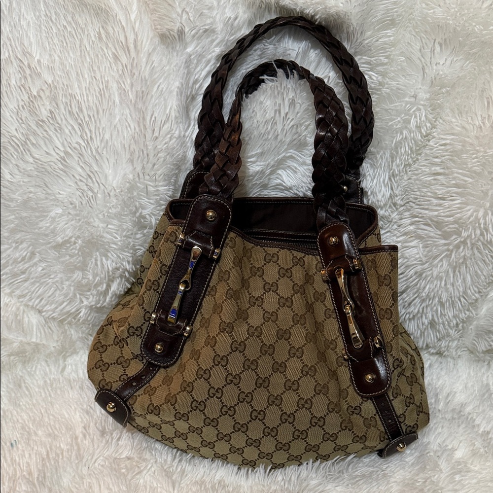 Gucci Beige GG Canvas Shoulder Bag with Brown Braided Handles